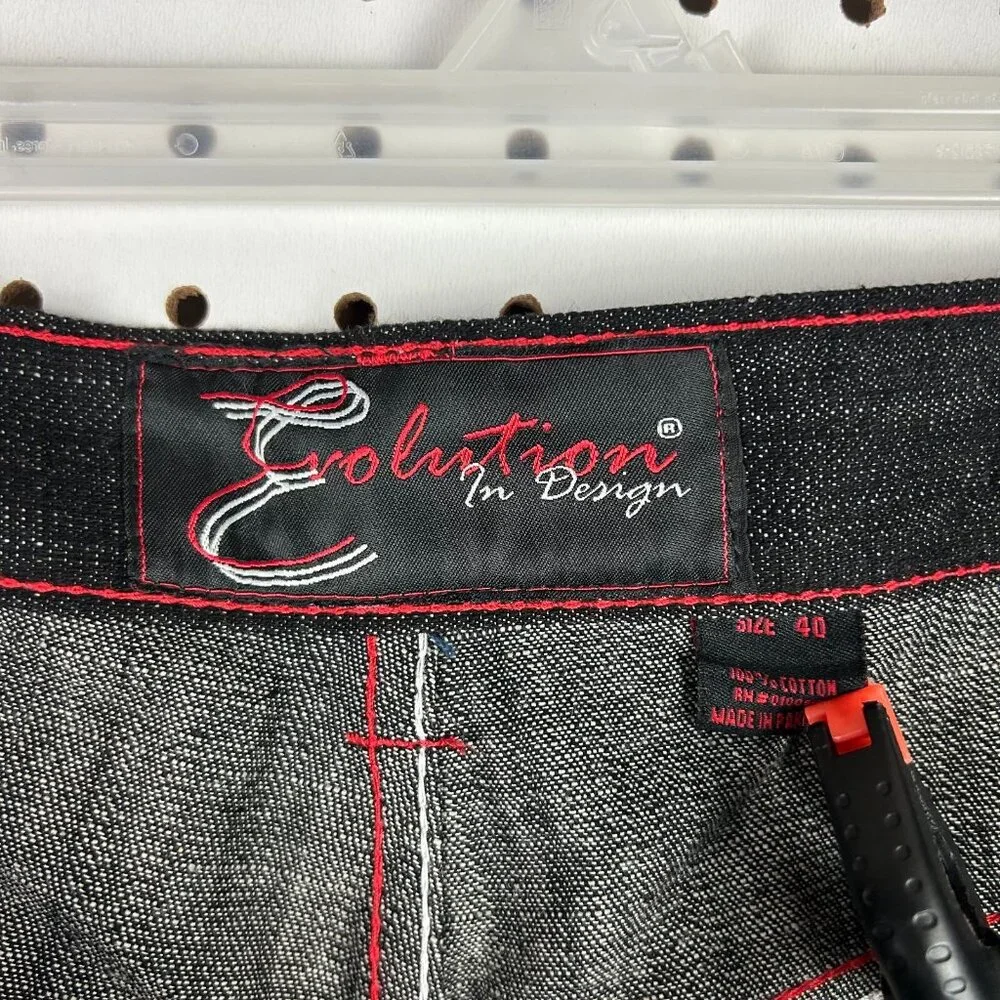 Evolution in‎ Design Black Gothic Skate Shorts 40 Red Stitched Pocket Y2K Punk
